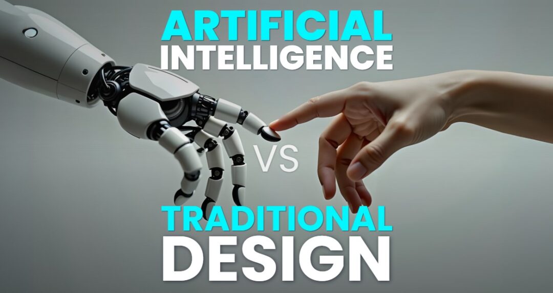 A robotic hand and a human hand reach toward each other, symbolizing the contrast between artificial intelligence and traditional design methods.